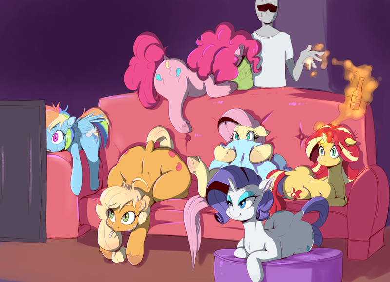 800px x 578px - 1101462 - safe, artist:sundown, applejack, fluttershy, pinkie pie, rainbow  dash, rarity, sunset shimmer, oc, oc:anon, human, pony, anon's couch,  applebucking thighs, bag, bedroom eyes, bottle, butt, chips, cigarette,  colored, couch, dock, eating,
