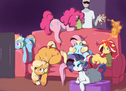 Size: 1815x1311 | Tagged: safe, artist:sundown, applejack, fluttershy, pinkie pie, rainbow dash, rarity, sunset shimmer, oc, oc:anon, human, pony, g4, anon's couch, applebucking thighs, bag, bedroom eyes, bottle, butt, chips, cigarette, colored, couch, dock, eating, eyes on the prize, eyeshadow, female, food, frown, levitation, magic, makeup, plot, prone, rearity, scared, sitting, smiling, sweat, telekinesis, television, the ass was fat, unshorn fetlocks, varying degrees of want, watching, wide eyes, wide hips