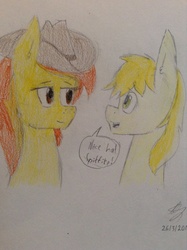 Size: 772x1034 | Tagged: safe, artist:missydash19, braeburn, spitfire, g4, female, male, shipping, spitburn, straight, traditional art