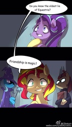 Size: 900x1575 | Tagged: safe, artist:caibaoreturn, moondancer, starlight glimmer, sunset shimmer, trixie, pony, unicorn, g4, batman v superman: dawn of justice, counterparts, dialogue, glasses, hilarious in hindsight, imminent death, magical quartet, scary shiny glasses, shaking, starlight gets what's coming to her, this will end in tears and/or death, twilight's counterparts