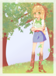 Size: 1841x2500 | Tagged: safe, artist:riouku, applejack, equestria girls, g4, blushing, boots, clothes, cowboy boots, cowboy hat, crossed arms, cute, denim skirt, female, grass, hat, jackabetes, leaves, looking at you, signature, skirt, smiling, solo, stetson, tree