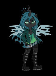 Size: 1496x2000 | Tagged: safe, artist:jadexenapus, queen chrysalis, changeling, changeling queen, equestria girls, g4, boots, clothes, equestria girls-ified, female, holey clothes, looking at you, smiling, solo, younger