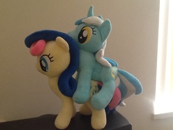 Size: 960x720 | Tagged: safe, artist:onlyfactory, bon bon, lyra heartstrings, sweetie drops, g4, bootleg, irl, lyra riding bon bon, photo, plushie, ponies riding ponies, riding