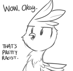 Size: 525x511 | Tagged: safe, artist:tjpones edits, edit, griffon, cropped, generic griffon, generic pony, implied racism, monochrome, reaction image, simple background, solo, white background