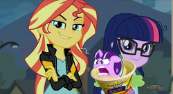 Size: 1124x610 | Tagged: safe, artist:solar flair, edit, edited screencap, screencap, sci-twi, starlight glimmer, sunset shimmer, twilight sparkle, equestria girls, g4, 30 minute art challenge, butter, discovery family logo, food