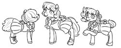 Size: 1500x594 | Tagged: safe, artist:hipsanon, oc, oc:emerald jewel, oc:golden brisk, oc:ruby rouge, pony, ask golden brisk, colt quest, adult, black and white, child, clothes, colt, crossdressing, crossover, cute, dress, earring, female, femboy, filly, foal, girly, grayscale, hair over eyes, high heels, male, piercing, sailor moon (series), shoes, stallion, tomboy, trap