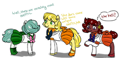 Size: 3000x1420 | Tagged: safe, artist:hipsanon, oc, oc:emerald jewel, oc:golden brisk, oc:ruby rouge, pony, ask golden brisk, colt quest, adult, child, clothes, color, colt, crossdressing, crossover, cute, dialogue, dress, earring, female, femboy, filly, foal, girly, hair over eyes, high heels, male, piercing, sailor moon (series), shoes, stallion, thought bubble, tomboy, trap