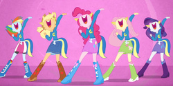 Size: 980x490 | Tagged: safe, screencap, applejack, fluttershy, pinkie pie, rainbow dash, rarity, equestria girls, g4, boots, female, happy, helping twilight win the crown, high heel boots, mane six, open mouth, shoes, singing, volumetric mouth
