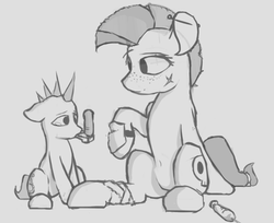 Size: 1290x1055 | Tagged: safe, artist:woonasart, pony, fallout equestria, crossover, drug use, drugs, duo, fallout, female, filly, grayscale, jet (drug), mare, med-x, monochrome, sitting