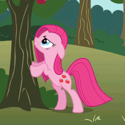Size: 500x500 | Tagged: safe, screencap, pinkie pie, earth pony, pony, g4, magical mystery cure, season 3, angry, animated, apple tree, cropped, ears back, female, gif, mare, pinkamena diane pie, solo, swapped cutie marks, sweet apple acres, talking, tree