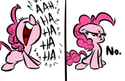 Size: 770x500 | Tagged: safe, artist:drakkenfyre, artist:tess, pinkie pie, earth pony, pony, :c, angry, angry pinkie pie, colored, comic, cute, dialogue, diapinkes, ears back, female, frown, glare, grumpy, haha no, laughing, mare, no, nose wrinkle, open mouth, pouting, reaction image, simple background, sitting, smiling, solo, when she doesn't smile, white background