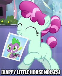 Size: 481x585 | Tagged: safe, screencap, cherry valley, spike, crystal pony, pony, g4, the crystalling, autograph, cropped, descriptive noise, filly, horse noises, image macro, male, meme, photo, solo