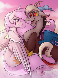 Size: 946x1271 | Tagged: safe, artist:meggchan, discord, princess celestia, alicorn, draconequus, pony, g4, female, male, pink-mane celestia, ship:dislestia, shipping, straight, young, younger