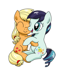 Size: 1280x1378 | Tagged: safe, artist:zoruanna, applejack, coloratura, g4, duo, filly, hug, simple background, transparent background