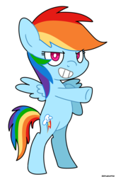 Size: 1050x1600 | Tagged: safe, artist:zoruanna, rainbow dash, pony, g4, bipedal, female, filly, filly rainbow dash, grin, pointing, solo