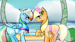 Size: 3500x2000 | Tagged: safe, artist:catopia26, applejack, rainbow dash, earth pony, pegasus, pony, g4, beach, blushing, bracelet, female, floral head wreath, flower, flower in hair, grin, high res, holding hooves, jewelry, lesbian, looking down, mare, marriage, raised hoof, ship:appledash, shipping, smiling, veil, wedding