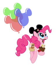 Size: 1600x2066 | Tagged: safe, artist:lostinthetrees, pinkie pie, earth pony, pony, g4, balloon, chocolate, crossover, disney, disneyland, female, food, hat, mare, messy, mickey balloon, mickey hat, pronking, solo, starry eyes, sugar rush, wingding eyes