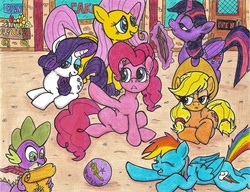 Size: 2194x1683 | Tagged: safe, artist:artponymdp, applejack, fluttershy, pinkie pie, rainbow dash, rarity, spike, twilight sparkle, alicorn, pony, g4, ball, book, female, magic, mane seven, mane six, mare, scepter, twilight scepter, twilight sparkle (alicorn)