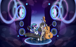 Size: 8000x5000 | Tagged: safe, artist:inowiseei, dj pon-3, octavia melody, vinyl scratch, g4, absurd resolution, bipedal, bowtie, cello, headphones, looking at you, musical instrument, record, speaker, sunglasses, turntable, wallpaper