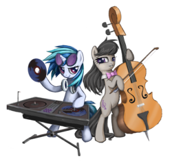 Size: 4210x3951 | Tagged: safe, artist:inowiseei, dj pon-3, octavia melody, vinyl scratch, g4, cello, dexterous hooves, hoof hold, musical instrument, record, turntable