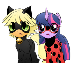 Size: 1250x1080 | Tagged: safe, artist:supermare, applejack, twilight sparkle, alicorn, pony, g4, applecat, becoming what you fear, chat noir, clothes, costume, crossover, derp, female, hilarious in hindsight, irony, lesbian, mare, miraculous ladybug, ship:twijack, twilight sparkle (alicorn)