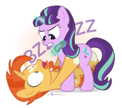 Size: 945x840 | Tagged: safe, artist:dm29, starlight glimmer, sunburst, pony, unicorn, g4, the crystalling, beard, duo, electric razor, facial hair, female, glare, gritted teeth, levitation, magic, male, mare, on back, open mouth, shaver, shaving, ship:starburst, shocked, simple background, stallion, telekinesis, this will end in tears, transparent background, wide eyes