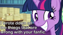Size: 900x500 | Tagged: safe, screencap, twilight sparkle, alicorn, pony, g4, the crystalling, caption, critic, criticism, fanfic, female, grin, image macro, looking at you, mare, meme, paper, scroll, solo, twilight loves fanfiction, twilight sparkle (alicorn), twilight's scrollwork