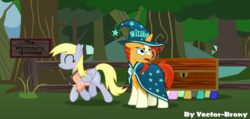 Size: 6323x3017 | Tagged: safe, artist:vector-brony, derpy hooves, sunburst, pegasus, pony, unicorn, g4, crossover, discworld, female, hat, male, mare, rincewind, stallion, the colour of magic, the luggage, twoflower, wizard hat, wizard robe, wizzard