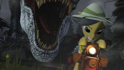 Size: 1920x1080 | Tagged: safe, artist:autoaudi, daring do, dinosaur, tyrannosaurus rex, g4, 3d, fallout equestria bike, gmod, light, maw, motorcycle, mouth, source filmmaker, teeth