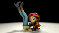 Size: 1920x1080 | Tagged: safe, artist:blumppidy, sunset shimmer, equestria girls, g4, 3d, boots, clipping, clothes, female, jacket, leg focus, legs in air, light, looking at you, lying down, miniskirt, on back, pinup, shadow, skirt, solo, source filmmaker, stockings, sultry pose