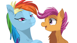 Size: 1280x720 | Tagged: safe, artist:jbond, rainbow dash, scootaloo, pegasus, pony, g4, bust, female, filly, foal, mare, open mouth, portrait, simple background, style emulation, white background