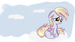 Size: 1280x720 | Tagged: safe, artist:jbond, derpy hooves, pegasus, pony, g4, cloud, cloudy, crying, female, filly, filly derpy, filly derpy hooves, foal, sad, simple background, sitting, solo, style emulation, whitediamonds-ish, younger