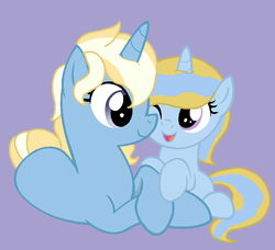 Size: 872x794 | Tagged: safe, artist:junetheicecat, oc, oc only, base used, cute, duo, foal, offspring, parent:prince blueblood, parent:trixie, parents:bluetrix, prone, siblings, simple background, trace
