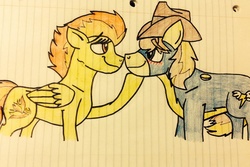 Size: 1024x685 | Tagged: safe, artist:pimpartist101, braeburn, spitfire, g4, female, lined paper, male, shipping, spitburn, straight, traditional art