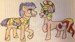 Size: 1024x571 | Tagged: safe, artist:pimpartist101, flash sentry, sunset shimmer, pony, g4, female, lined paper, male, ship:flashimmer, shipping, straight, traditional art