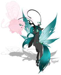 Size: 2206x2718 | Tagged: safe, artist:tawnysweet, queen chrysalis, oc, oc:fluffle puff, breezie, changeling, changeling queen, pony, g4, breezalis, breeziefied, cute, cutealis, deviantart watermark, diabreezies, duo, duo female, female, flufflebetes, high res, obtrusive watermark, ocbetes, signature, simple background, species swap, watermark, white background