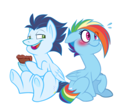 Size: 444x400 | Tagged: dead source, safe, artist:metalmane, rainbow dash, soarin', pony, g4, blushing, female, food, male, old cutie mark, pie, ship:soarindash, shipping, simple background, straight, transparent background