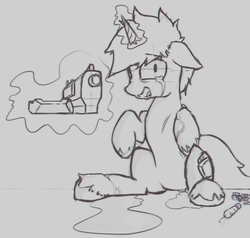 Size: 1074x1023 | Tagged: safe, artist:woonasart, oc, oc only, oc:littlepip, pony, unicorn, fallout equestria, black and white, crying, drugs, fallout, fanfic, fanfic art, female, glowing horn, grayscale, gun, handgun, horn, levitation, looking at you, magic, mare, mint-als, monochrome, pistol, simple background, sitting, solo, syringe, telekinesis, traditional art, weapon, white background