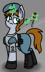 Size: 544x873 | Tagged: safe, artist:coatieyay, oc, oc only, oc:littlepip, pony, unicorn, fallout equestria, abstract background, beret, bobby pin, fanfic, fanfic art, female, glowing horn, hooves, horn, jill valentine, levitation, magic, mare, resident evil, screwdriver, solo, telekinesis