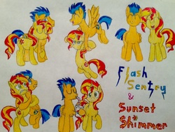 Size: 1029x776 | Tagged: safe, artist:bravokrofski, flash sentry, sunset shimmer, pegasus, pony, unicorn, g4, female, male, ship:flashimmer, shipping, straight, traditional art