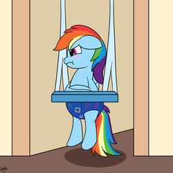 Size: 1000x1000 | Tagged: safe, artist:spritepony, rainbow dash, g4, baby bouncer, blushing, female, pouting, scrunchy face, solo