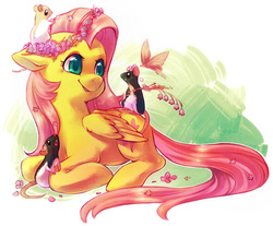 Size: 600x496 | Tagged: safe, artist:zilleniose-chu, fluttershy, butterfly, mouse, pegasus, pony, g4, female, floppy ears, floral head wreath, flower, folded wings, looking at each other, lying down, prone, sitting on head, solo