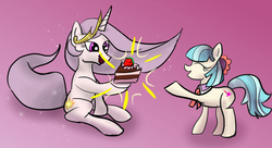 Size: 1000x543 | Tagged: safe, artist:xbi, derpibooru exclusive, coco pommel, princess celestia, earth pony, pony, princess molestia, g4, cake, food