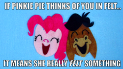 Size: 1280x720 | Tagged: safe, edit, edited screencap, screencap, cranky doodle donkey, pinkie pie, donkey, a friend in deed, g4, crankybetes, cute, diapinkes, duo, duo male and female, eyes closed, felt, happy, image macro, meme, pun, puns in the comments, smiling