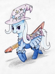 Size: 1751x2371 | Tagged: safe, artist:40kponyguy, derpibooru exclusive, trixie, pony, unicorn, g4, clothes, equestria girls outfit, female, flying v, guitar, looking at you, mare, solo, traditional art, trixie and the illusions