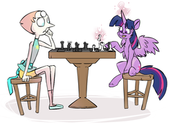 Size: 918x683 | Tagged: safe, artist:cider, twilight sparkle, alicorn, gem (race), pony, g4, chess, crossover, duo, duo female, female, gem, mare, pearl, pearl (steven universe), steven universe, tongue out, twilight sparkle (alicorn)