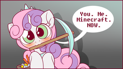 Size: 3840x2160 | Tagged: safe, artist:symbianl, sweetie belle, pony, unicorn, don't mine at night, g4, bronybait, cute, dialogue, diamond pickaxe, diasweetes, female, high res, looking at you, minecraft, mouth hold, solo, symbianl is trying to murder us, you. me. x. now.