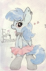 Size: 675x1036 | Tagged: safe, artist:slightlyshade, nightshade, pegasus, pony, g4, clothes, ear piercing, female, heart, looking at you, looking back, looking back at you, mare, open mouth, piercing, skirt, solo, tongue out, traditional art
