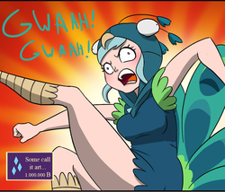 Size: 991x848 | Tagged: safe, artist:doublewbrothers, lyra heartstrings, human, all's fair in love & friendship games, equestria girls, g4, angry, animal costume, bird costume, clothes, cosplay, costume, cropped, humanized, lyrabird, majestic as fuck, open mouth, orange background, peacock costume, simple background, thighs