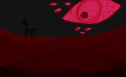 Size: 1280x789 | Tagged: safe, artist:the claud, derpibooru exclusive, oc, oc only, earth pony, pony, bloodshot eyes, eye, eyeball, silhouette, surreal